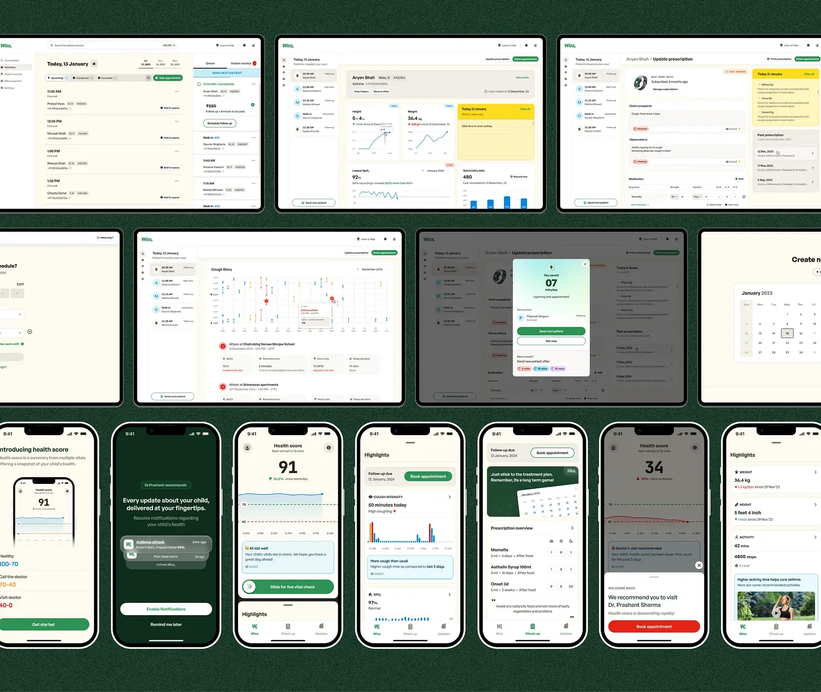 Dashboard and phone screens from the Wizz pediatric health system