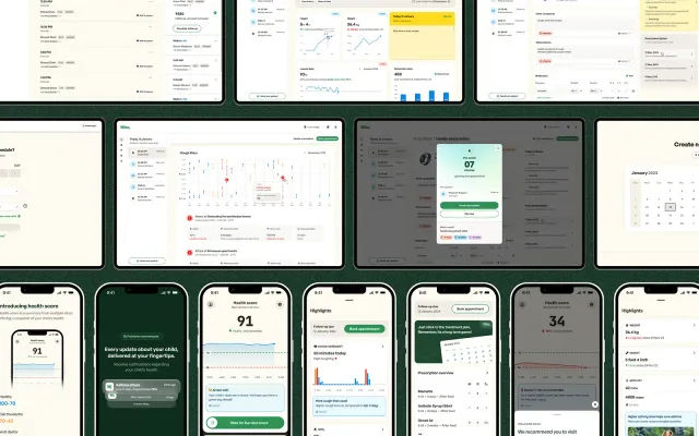 Dashboard and phone screens from the Wizz pediatric health system