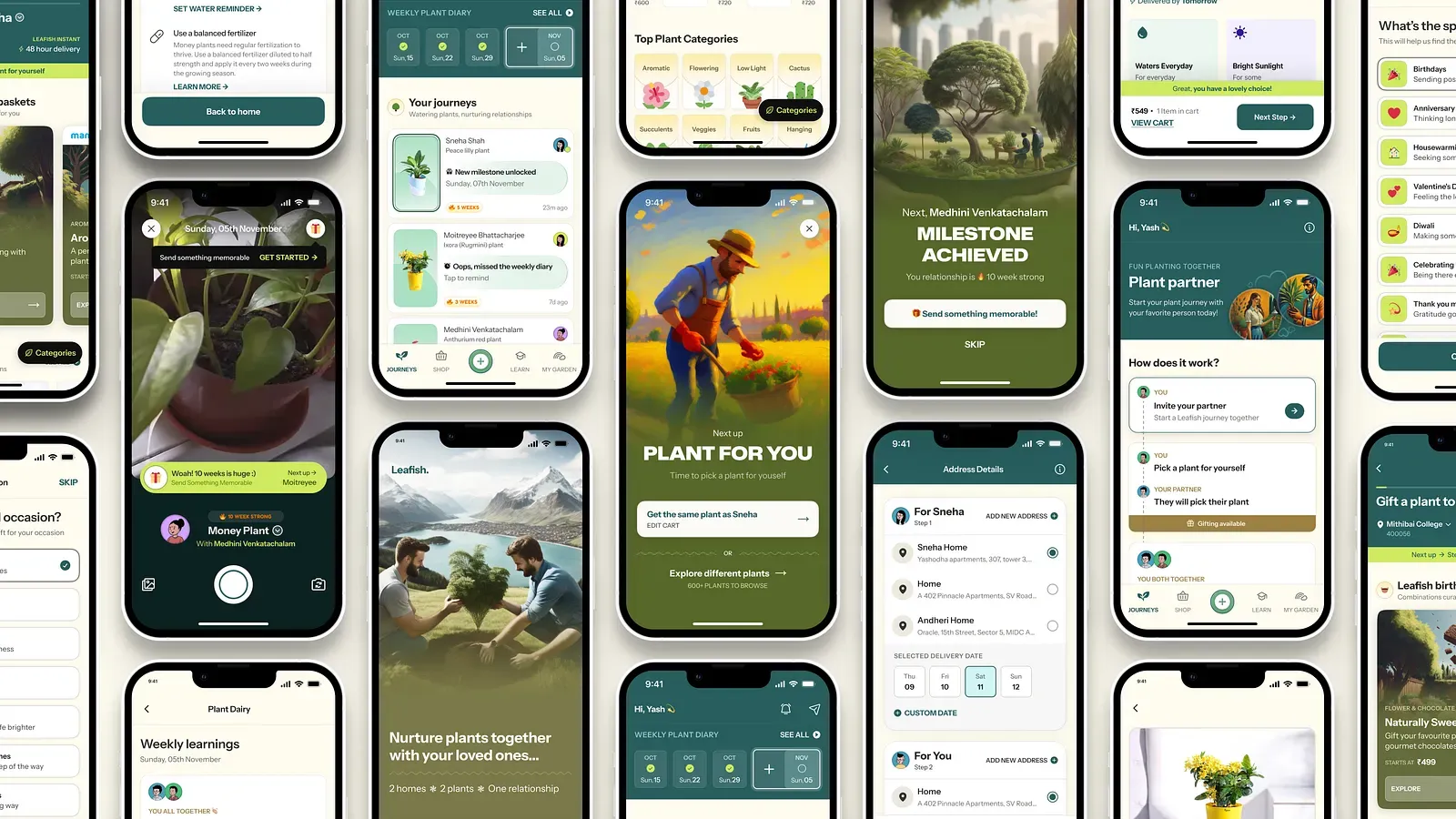 A wall of phone screens from the Leafish plant gifting app
