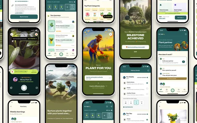 A wall of phone screens from the Leafish plant gifting app